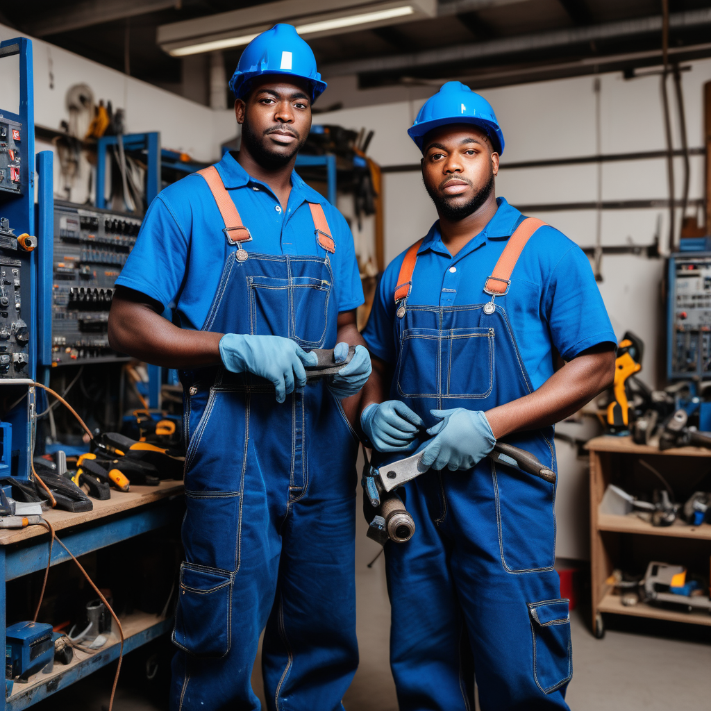 black workers dressed in blue overalls holding technical