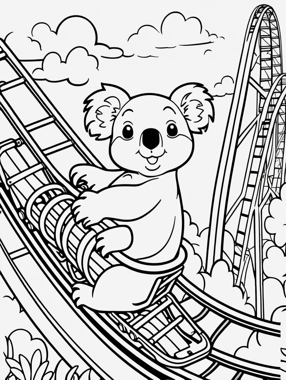 simple colouring page for kids, koala riding in a roller coaster, theme park background, clean line art, --HD--AR 1:1.41