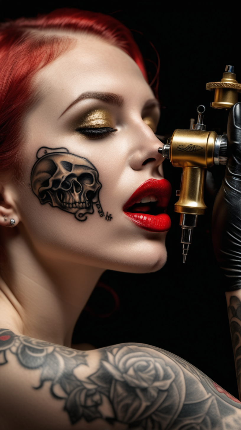 /imagine prompt : An ultra-realistic photograph captured with a canon 5d mark III camera, equipped with an macro lens at F 5.8 aperture setting, closed box, The camera is too close to the subject to take a very close macro photo,  capturing a vintage classic tattoo machine is being kissed by a woman
/describe : a pattern of the skull is engraved on golden tattoo grip , grabbed by a hand wearing black nitrile gloves . A beautiful woman whose only lips can be seen in the picture, with her red lips painted  red , kissing the tattoo machines grip gentely , creating a very sensual atmosphere, only lips in the box.
the hand is blurred and the focus sets on tattoo machine .
Soft spot light gracefully illuminates the subject and golden grip is shining. The background is absolutely black , highlighting the subject.
The image, shot in high resolution and a 16:9 aspect ratio, captures the subject’s  with stunning realism –ar 9:16 –v 5.2 –style raw
-no background
