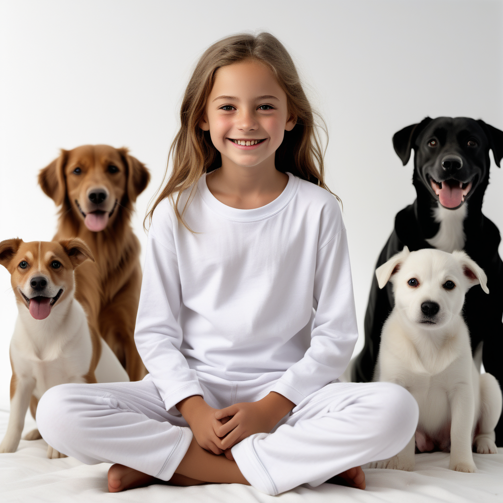 “Perfect Facial Features photo of a smiling 10 year old girl sitting  in  white cotton tshirt pyjama with no print, long  tight cuff sleeves, loose long pants) ,surrounded by dogs, no background, hyper realistic, ideal face template, HD, happy, Fujifilm X-T3, 1/1250sec at f/2.8, ISO 160, 84mm”