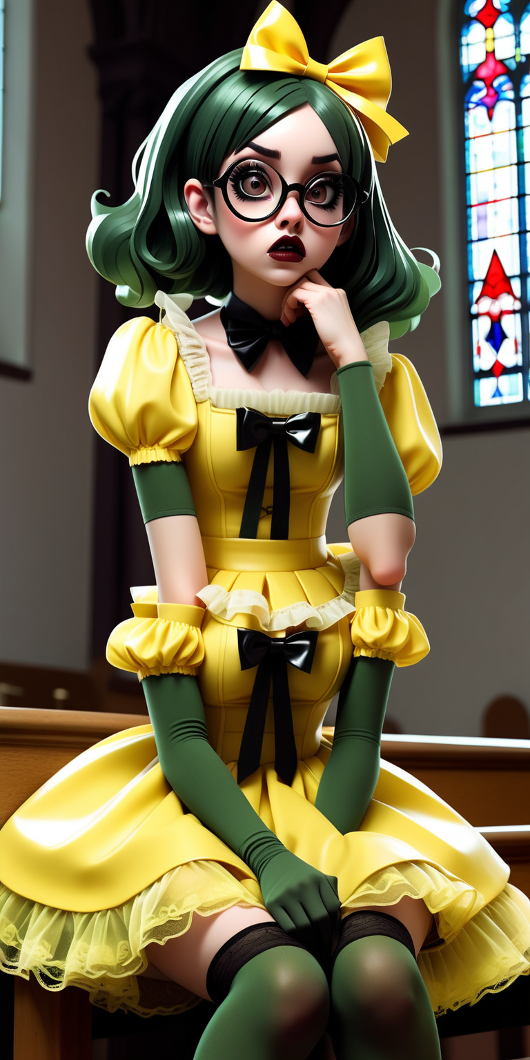 Anime woman with dark green hair and large lips with glossy dark brown lipstick and heavy makeup wearing a frilly yellow dress, black stockings, glossy yellow heeled mary jane shoes, lots of bows and lace, wearing glasses. Nervous expression. Sitting nervously in an empty church