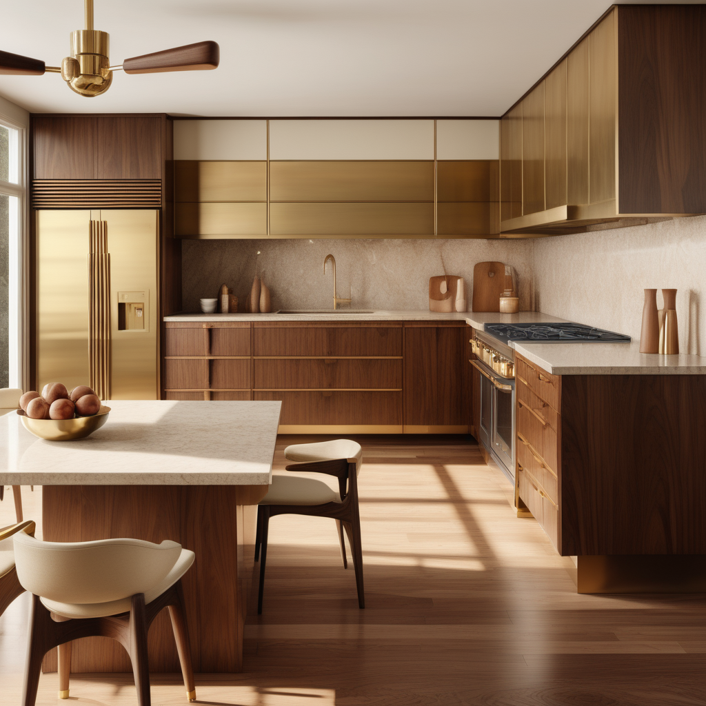 a hyperrealistic image of a midcentury modern home kitchen; brass, walnut wood, beige colour palette; 
