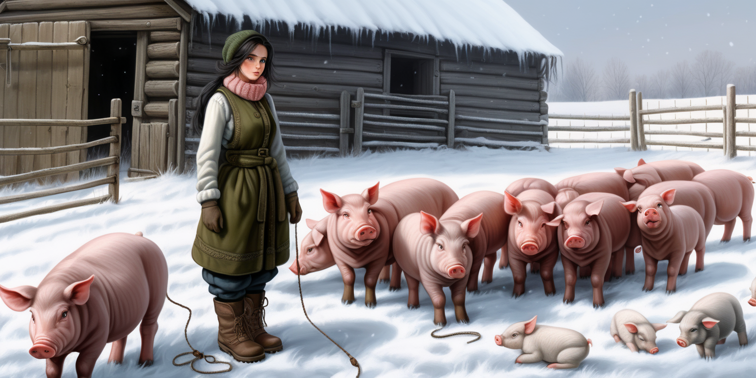 A beautiful peasant woman with long black hair and green eyes works in the pen in front of the barn. Around her are piglets - small and pink. Everything is in mud. The barn is surrounded by a fence of old wooden posts and wire mesh. It's winter, everything is covered with a thick layer of snow. Mud and snow mix. The peasant woman has put on low to the ankle black rubber boots with big grip on her feet. Brown coarsely knitted woolen socks stick out from them - up to the middle of the leg and. On top of them, to keep her warm, she has put on green - brown, very wrinkled and crumpled woolen knitted gaiters. It is worn with thick elastic leggings, over it there is a shotr knitted skirt in black and brown. A chunky brown-gray wool sweater with a chin-high collar is snug around her. over it she wore an off-white furry sleeveless sweater with a triangle neckline. Above all this is a short  quilted waistcoat in gray which is unbuttoned. On his head he wears a thick knitted woolen gray hat - an ushanka. He also has a thick scarf sloppily draped around his neck. He also wears gray knitted woolen gloves. across the waist, a thin hemp rope is wrapped 2-3 times. 