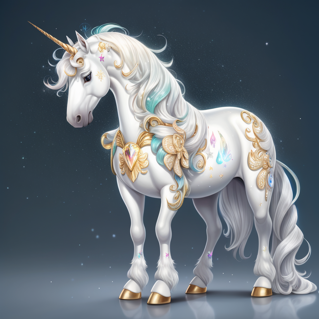 a full body image of a magical white unicorn with a shimmering coat with head bowed down as if to be petted similar to Diana Cooper in anime cartoon style