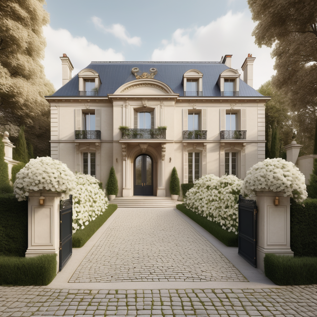 a hyperrealistic of a grand modern Parisian estate home from the outside with a great wide cobblestone driveway and grand gardens of white flowers in a beige oak brass colour palette --no visible homes nextdoor
