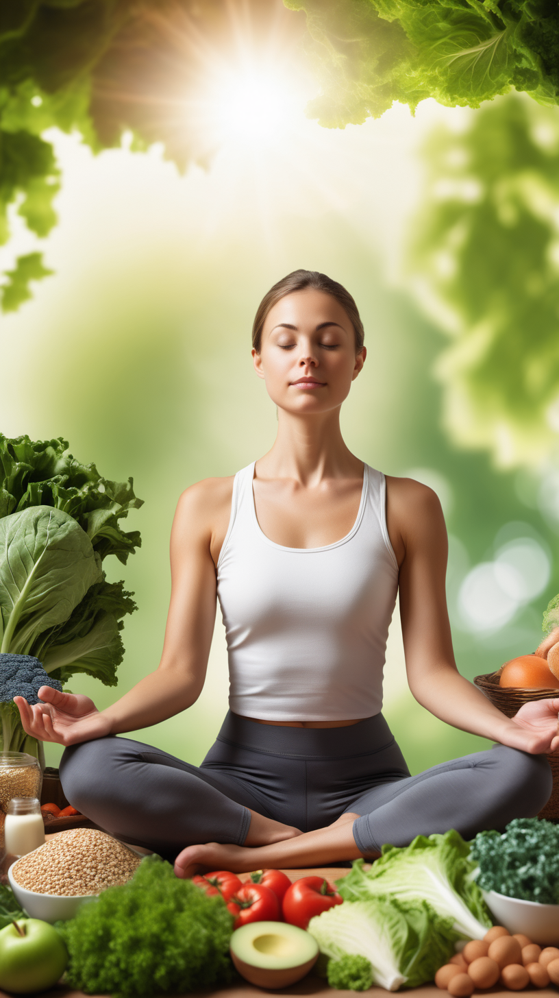 Take a serene image of a person in a relaxed posture (like meditating or deep breathing) in a peaceful setting. Around them, artistically place images of high-fiber foods known for blood pressure management (such as leafy greens and whole grains), possibly with subtle visual effects like a gentle glow to emphasize their calming effect.