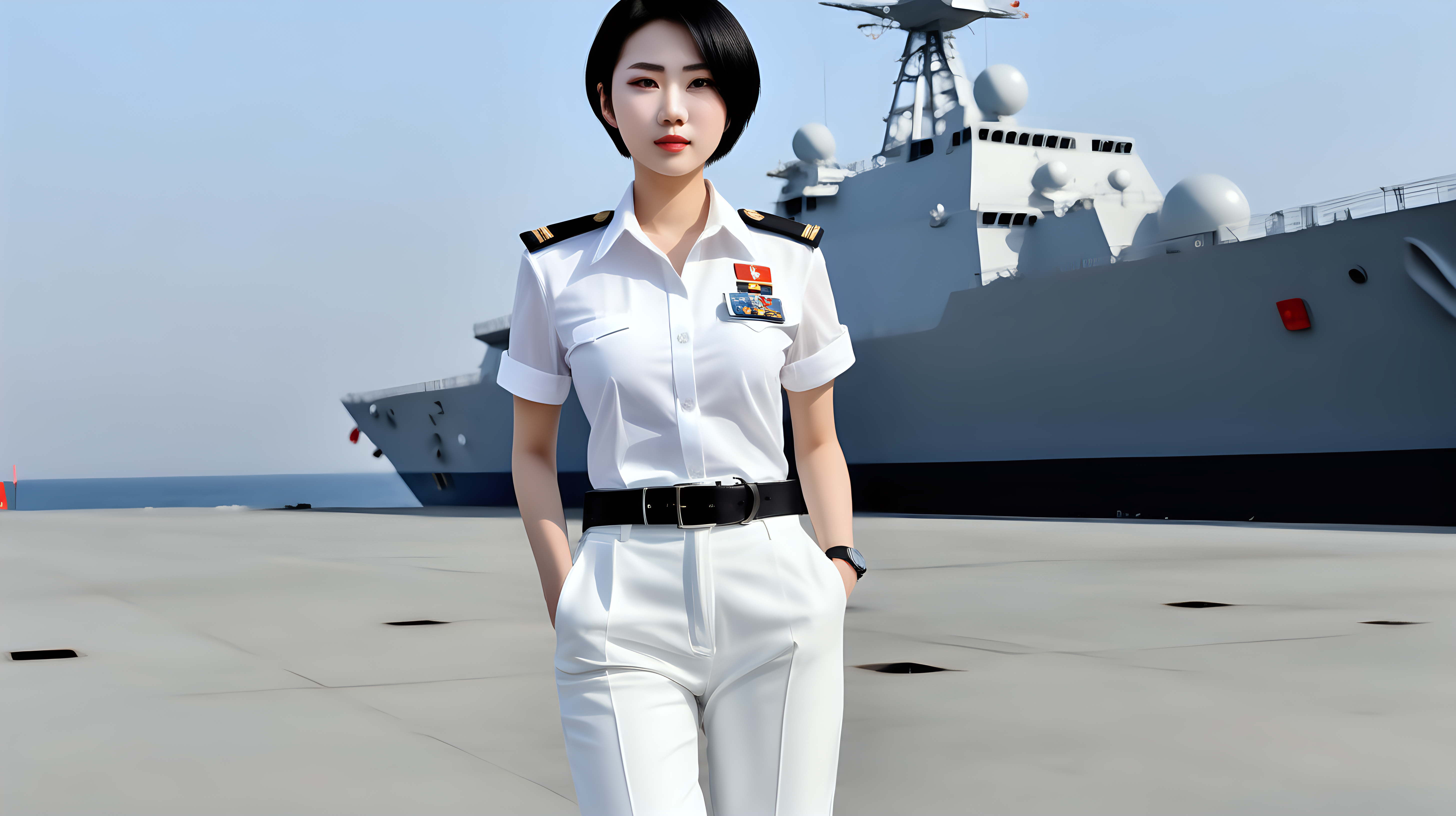 A Chinese Navy female soldierYoung personShort hairBlack hairWhite