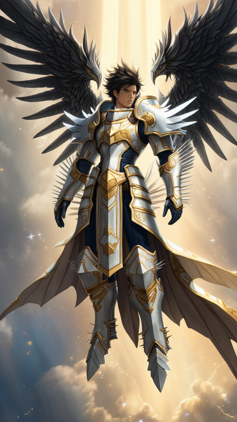 A paladin hovering from the heavens with wings
