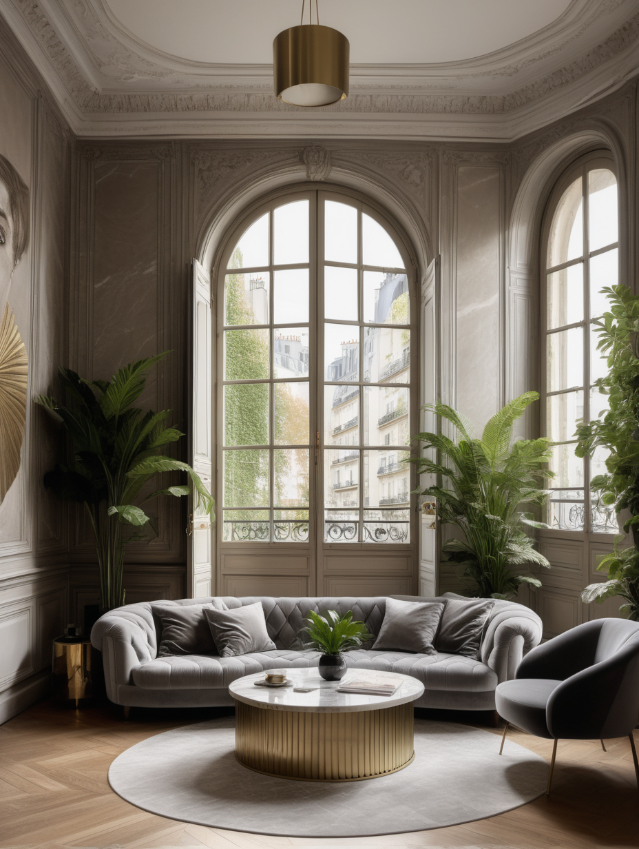 paris interior with windiws, kelly wrestler graffito wallpapers, parquet light herringbone, big minimalistic cappucino velvet sofa, open Premier French Grey Shutter, many plants under the sofa, marble round coffee table in front of the sofa, brass decor, brass vintage handles on the window