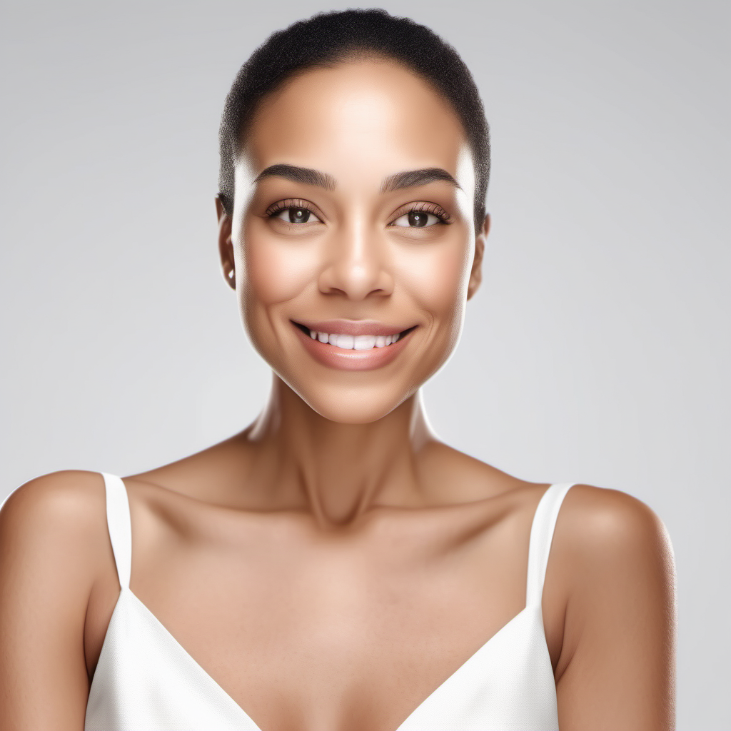 18 years A mixed race lady has flawless skin for a skincare commercial advertisement, with ultra-realistic skin details with a white background, the lady is showing shoulder