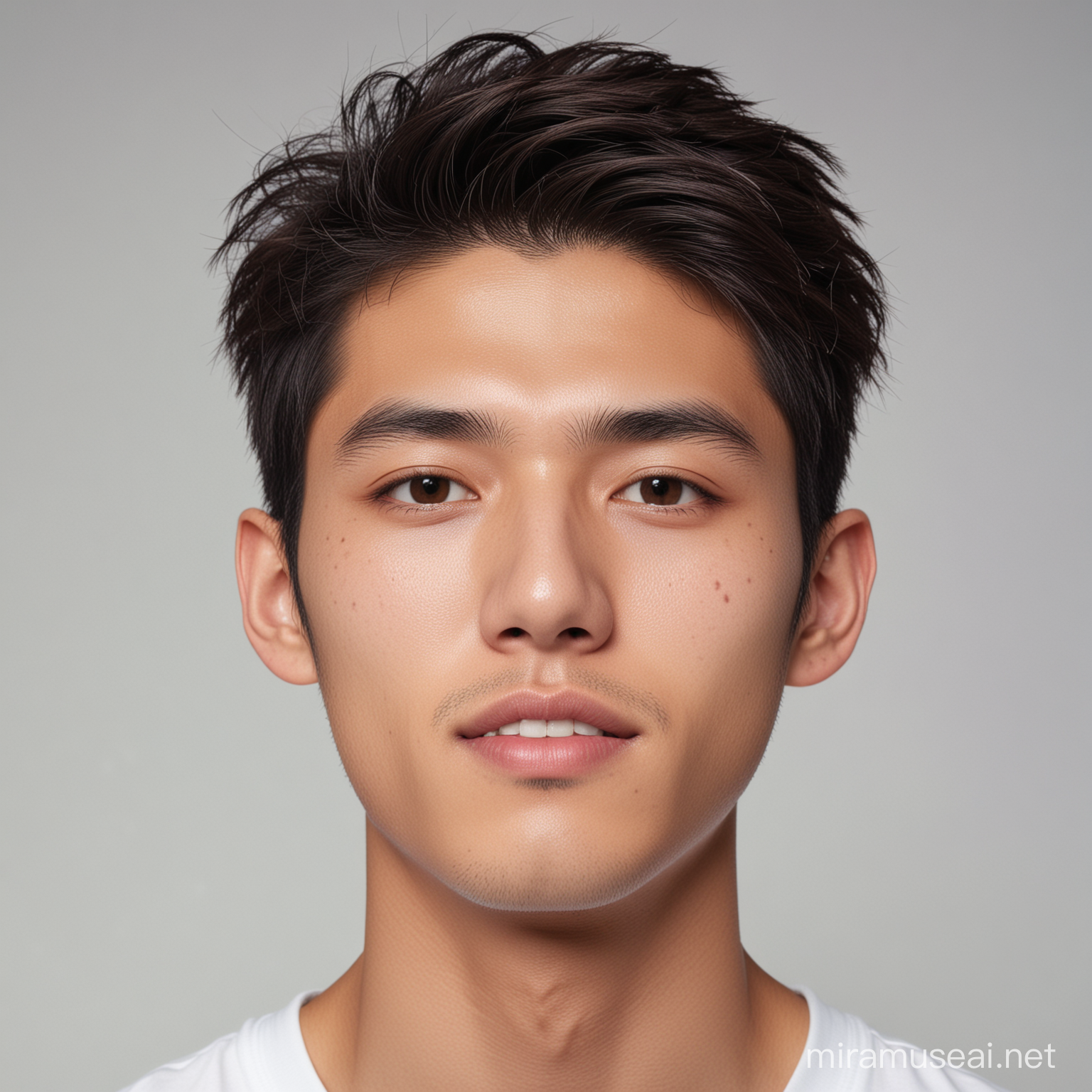 22 yo Japanese man face, shaved, symmetric face, handsome, perfect, HD, 8K, skin texture, square jaw, front view