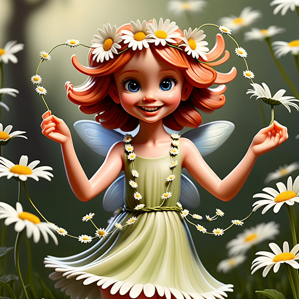 Envision a fairy joyfully dancing, holding a daisy chain, with a background of daisies, capturing the innocent and playful essence of Barker's artistry.
