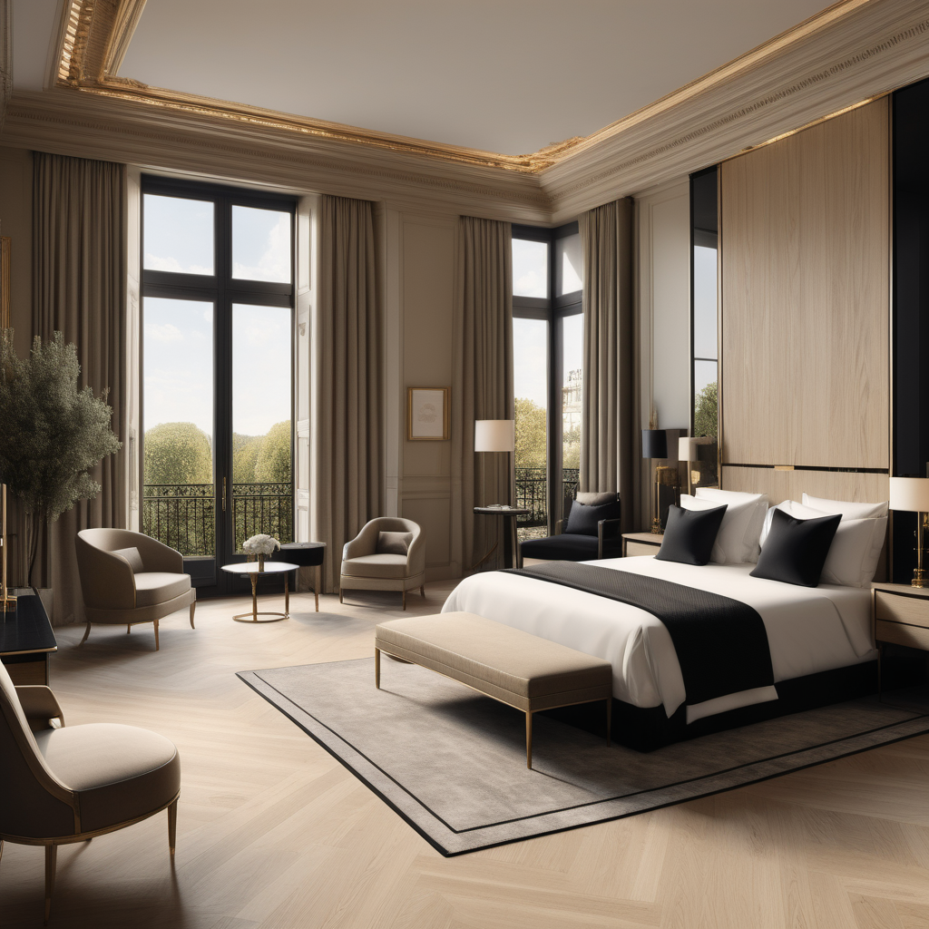 A hyperrealistic image a grand Modern Parisian hotel room  in a beige oak brass and black colour palette with floor to ceiling windows and a view of the gardens