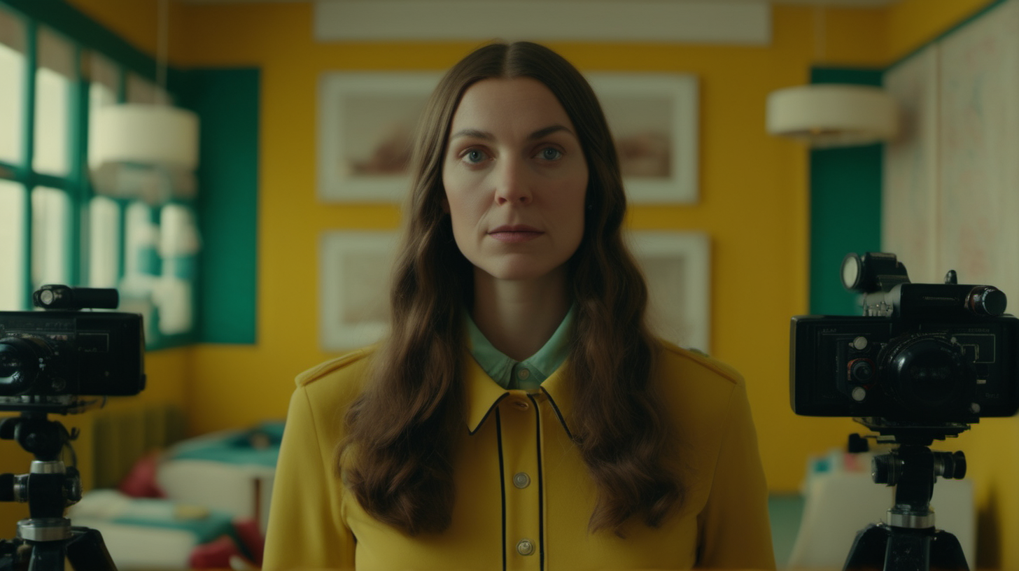 cinematic medium-wide-shot image using a 50mm lens of a female film producer staring at camera in the style of a wes anderson film