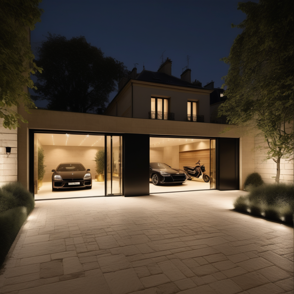 hyperrealistic modern Parisian garage at night; mood lighting;  Limestone pavers; glass wall with view of the gardens; surrounded by open space; beige, oak, brass and black colour palette; --no neighbour houses
