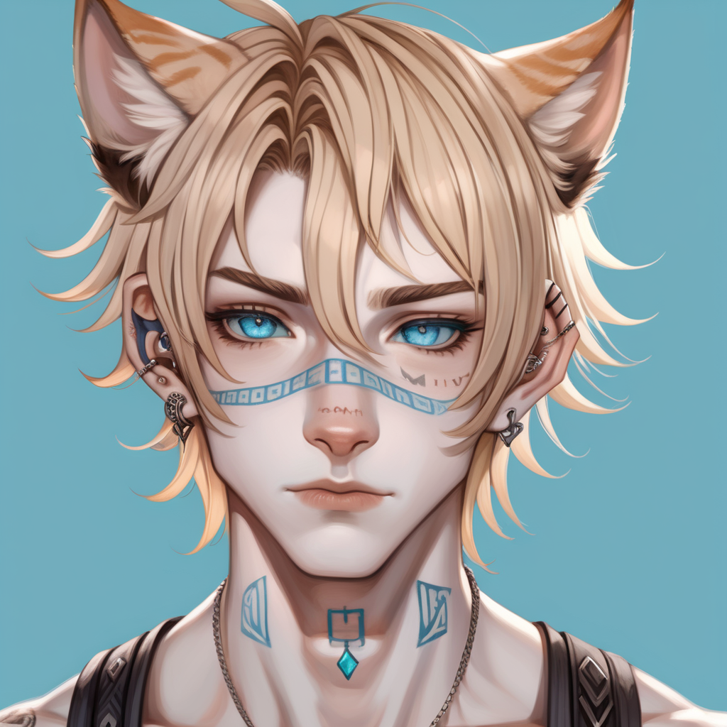 human cat boy with pale skin and hazel hair short long hair masculine buff feminine, has neck tattoos and piercings on his cat ears, has light blue cloudy eyes, has a lip piercing and a scar across the center of his nose, head sheet reference