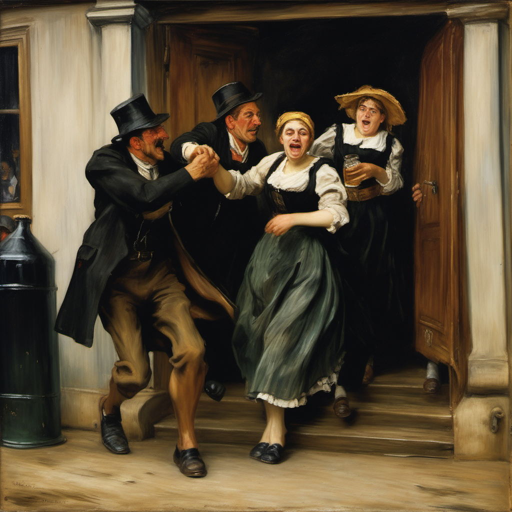 A drunk and crying young woman is being accompanied by a man and a woman to find her way out of Oktoberfest, Max Liebermann oil painting
