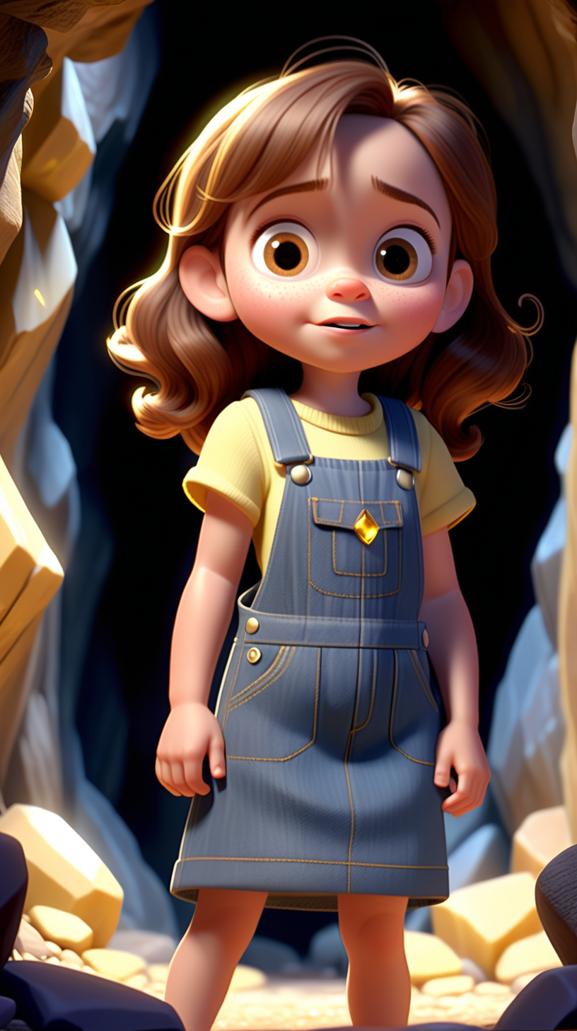 imagine 4 year old small girl with brown hair, fair skin, light brown eyes, wearing a denim dress overall, use Pixar style animation, make it full body size, standing inside a cave holding a Yellow crystal