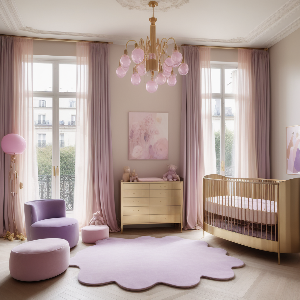 hyperrealistic image of large modern Parisian nursery, floor to ceiling windows, beige, pink, lilac and brass colour palette, brass chandelier, sheer curtains