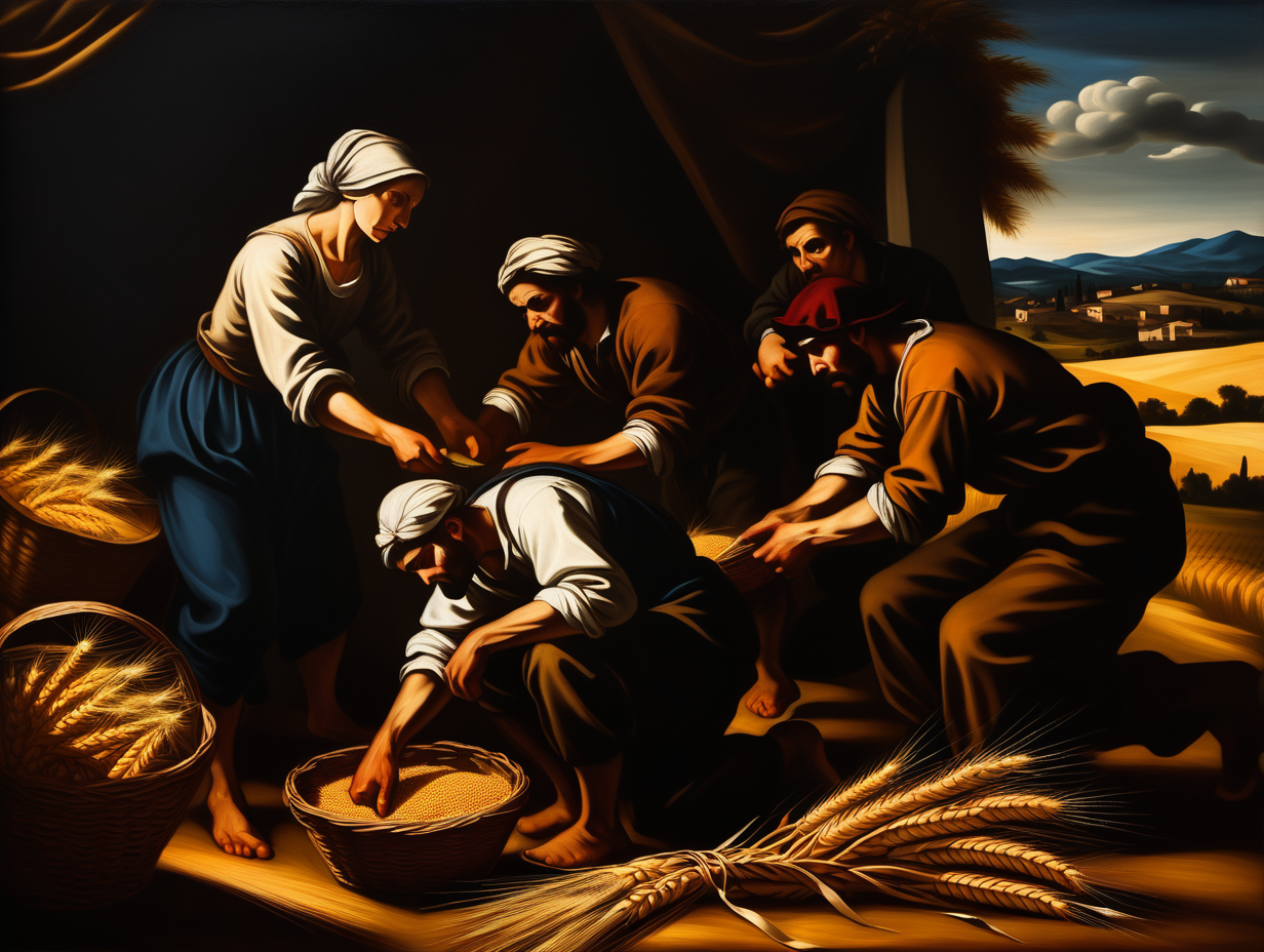 scène paysanne de moisson du blé type Caravage, avec clair obscure, peinture à l'huile