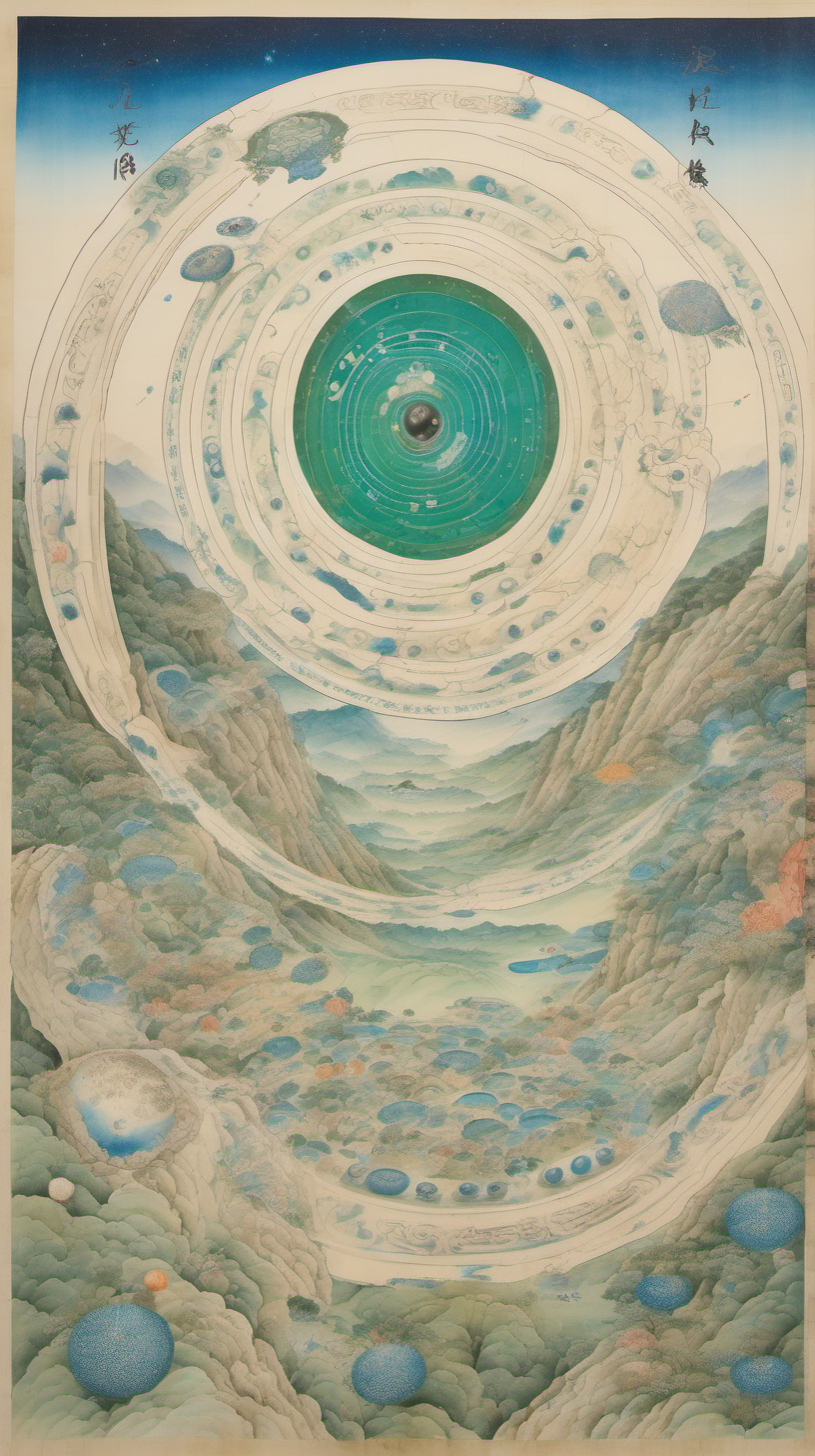 chinese gongbi drawing, with traversable wormhole, other worldly scenery, cosmos, quail eggs, greenblue mountain,underground