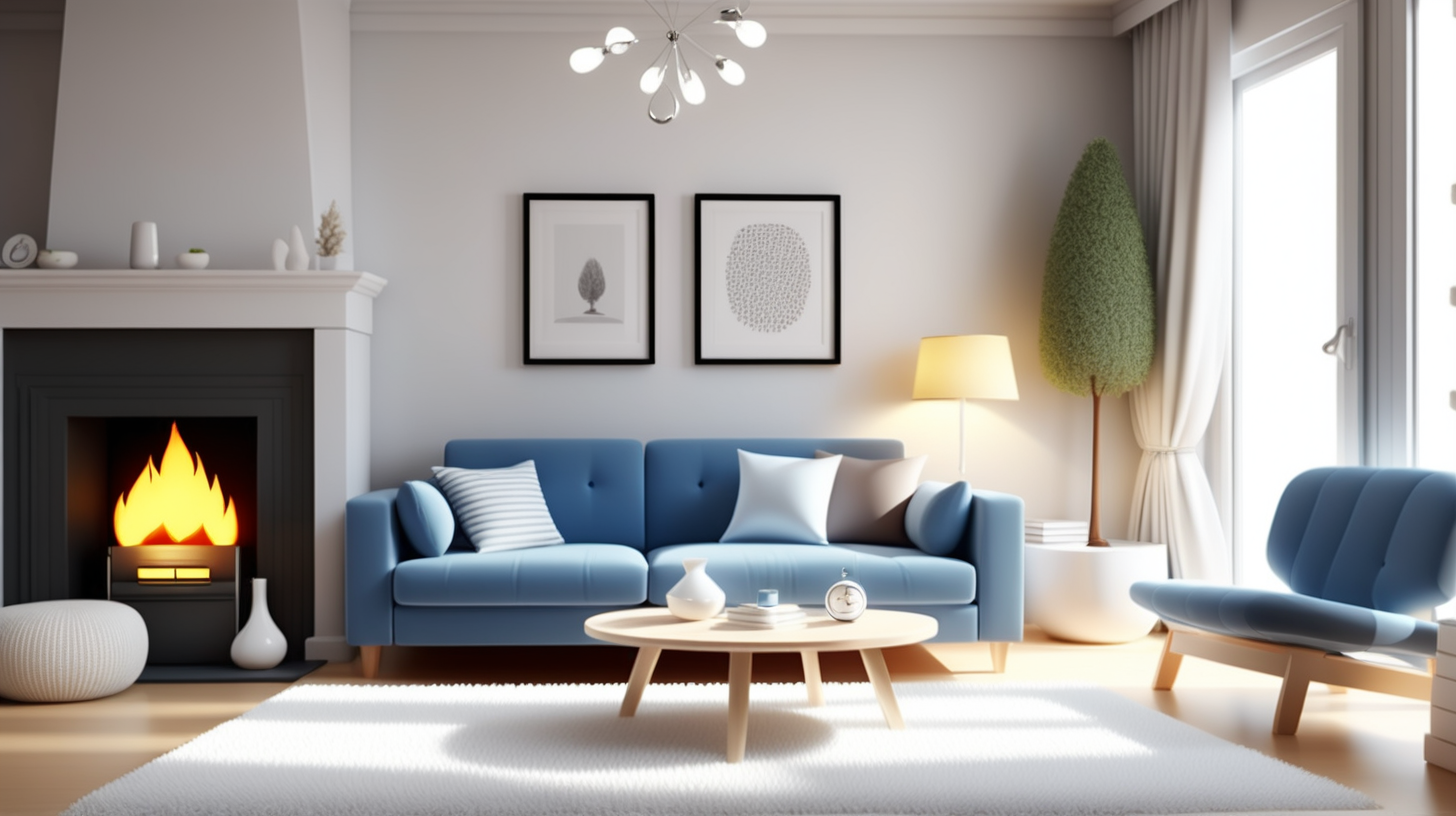 small cozy home: 3d render, poster, photo, typography, anime, fashion a whole, complete-living-room-scene. showing tables, chairs, fireplace, windows, curtains, sofa. keep the living-room image consistent across all generations: same living-room layout; same furniture placement and colors; blue sofa; black curtains; round wooded table; silver lamps; white rug; white fireplace. close view children's-book illustration same setting, layout, across each image generation: vector art. 3d. natural, realistic looking.