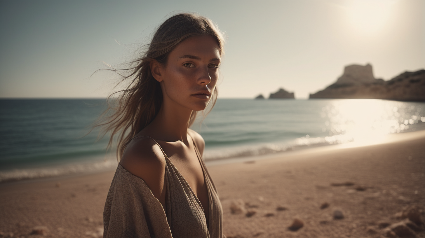 Chill-out, super realistic, ibiza, beach. The lighting in the portrait should be dramatic. Sharp focus. A ultrarealistic perfect example of cinematic shot. Use muted colors to add to the scene
