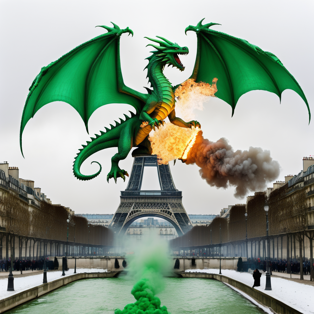 green 2 headed fire breathing dragon destroying Paris in winter