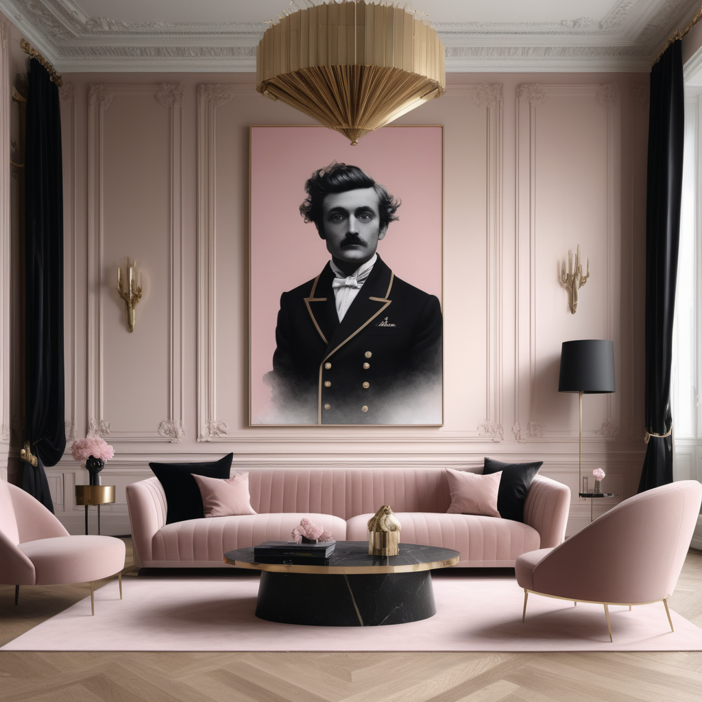 a hyperrealistic image of a grand Modern Parisian   in a beige oak brass dusty pink and black colour palette