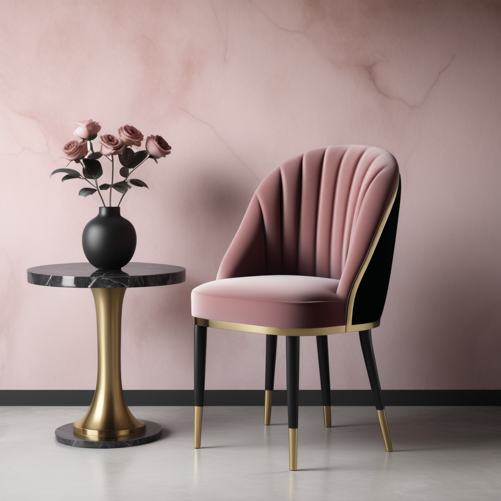 a hyperrealistic image of a velvet modern Parisian  dining chair with black dusty rose and brass 
