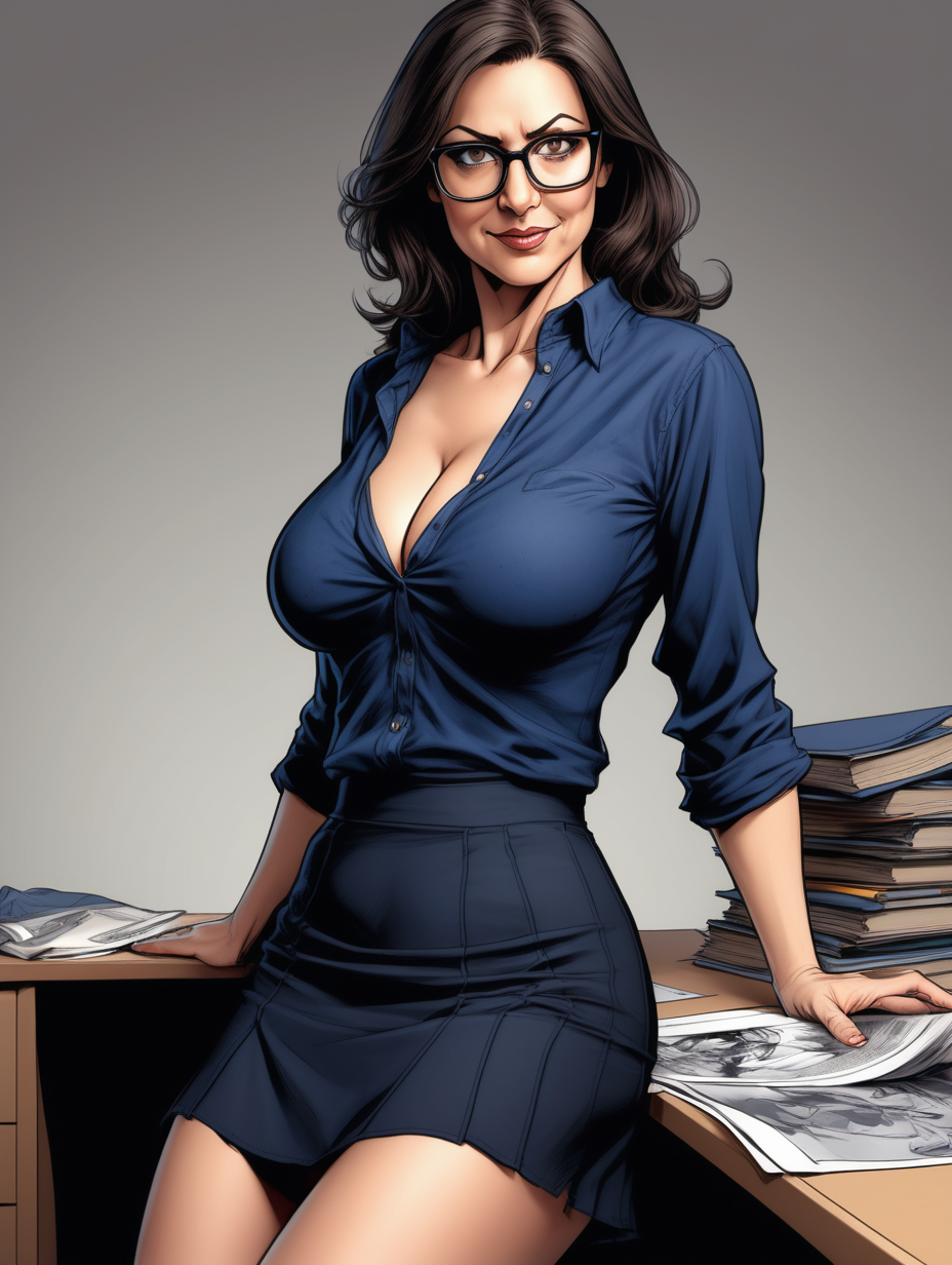 Beautiful, mature, brunette woman, teacher, glasses, [ripped open] (navy) shirt & (flowy) black skirt, exposed bra [Detailed comic book art style] leaning over below angle, black pantyhose 