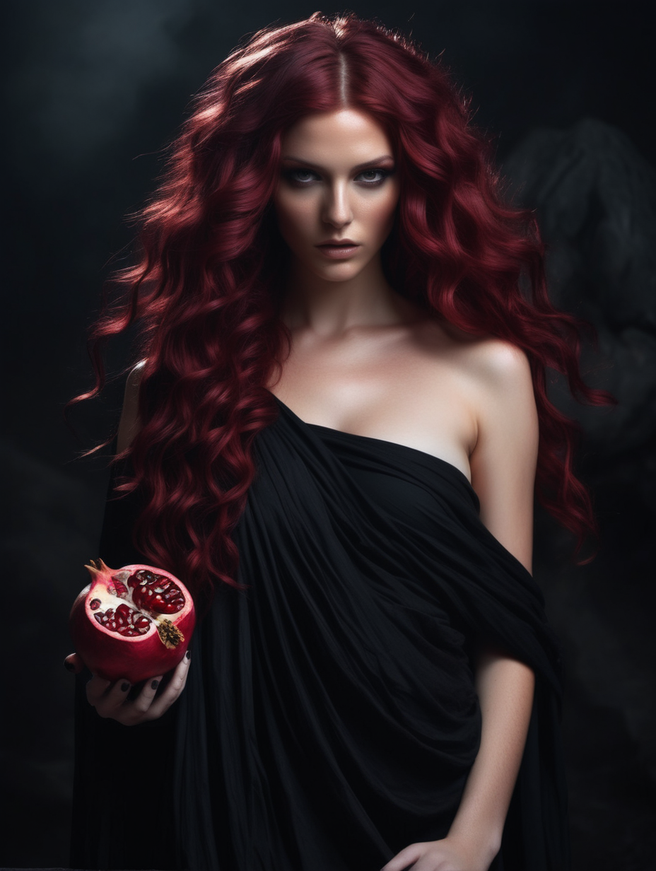 a very beautiful woman
wavy maroon hair
in a dark hell/underworld
wearing a black sexy toga
pomegranate
greek goddess 