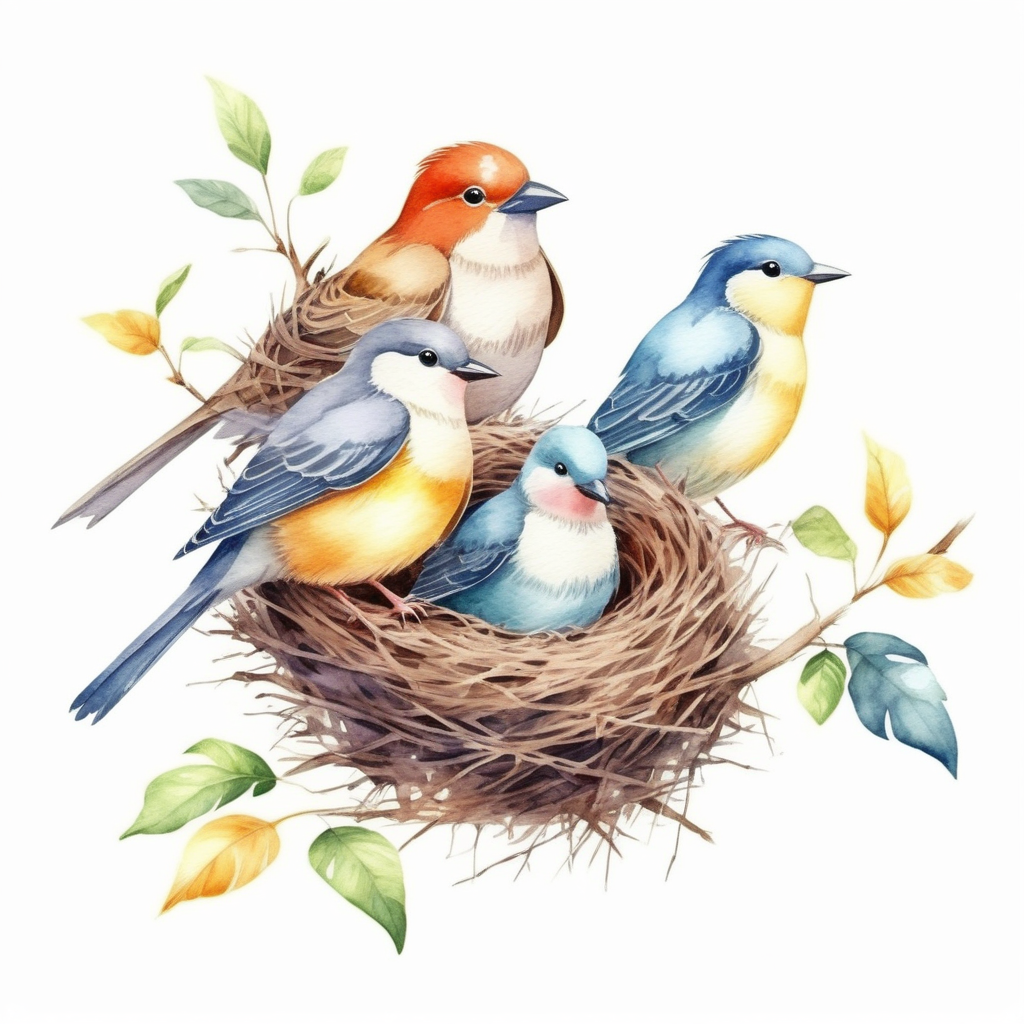 bílé pozadí_vytvoř realistickou ilustraci_která je určena pro děti Téma_ Ptáčci: Ptáčci zpívají a staví si hnízda_ akvarelové barvy
