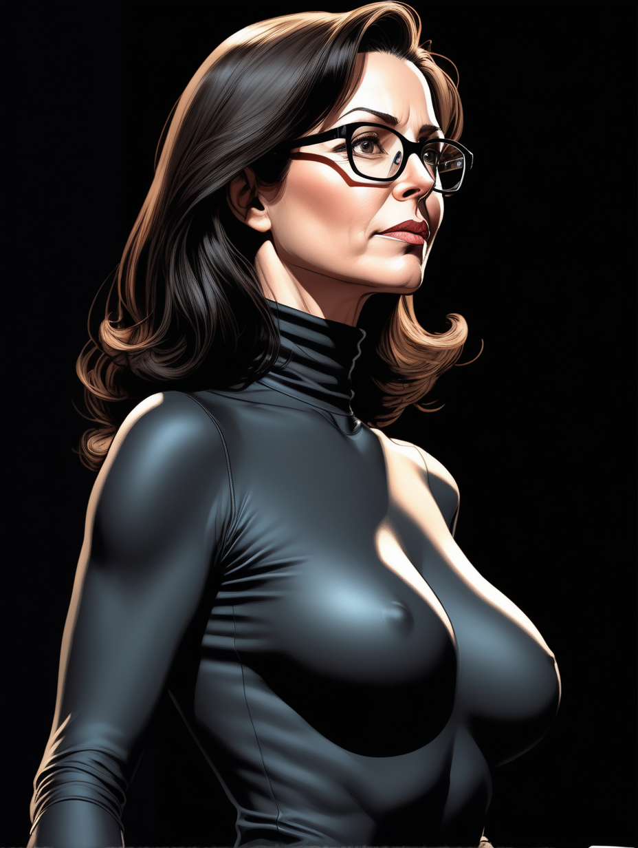 Beautiful, mature, brunette woman, teacher, glasses,  skin-tight (black) turtleneck, innocent [Detailed comic book art style] on stage, side view,  braless