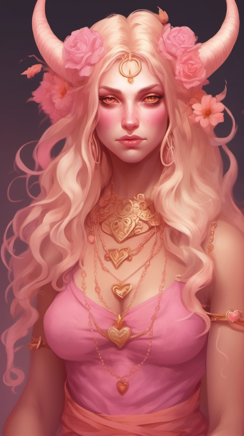 Tiefling woman with pink skin She has white