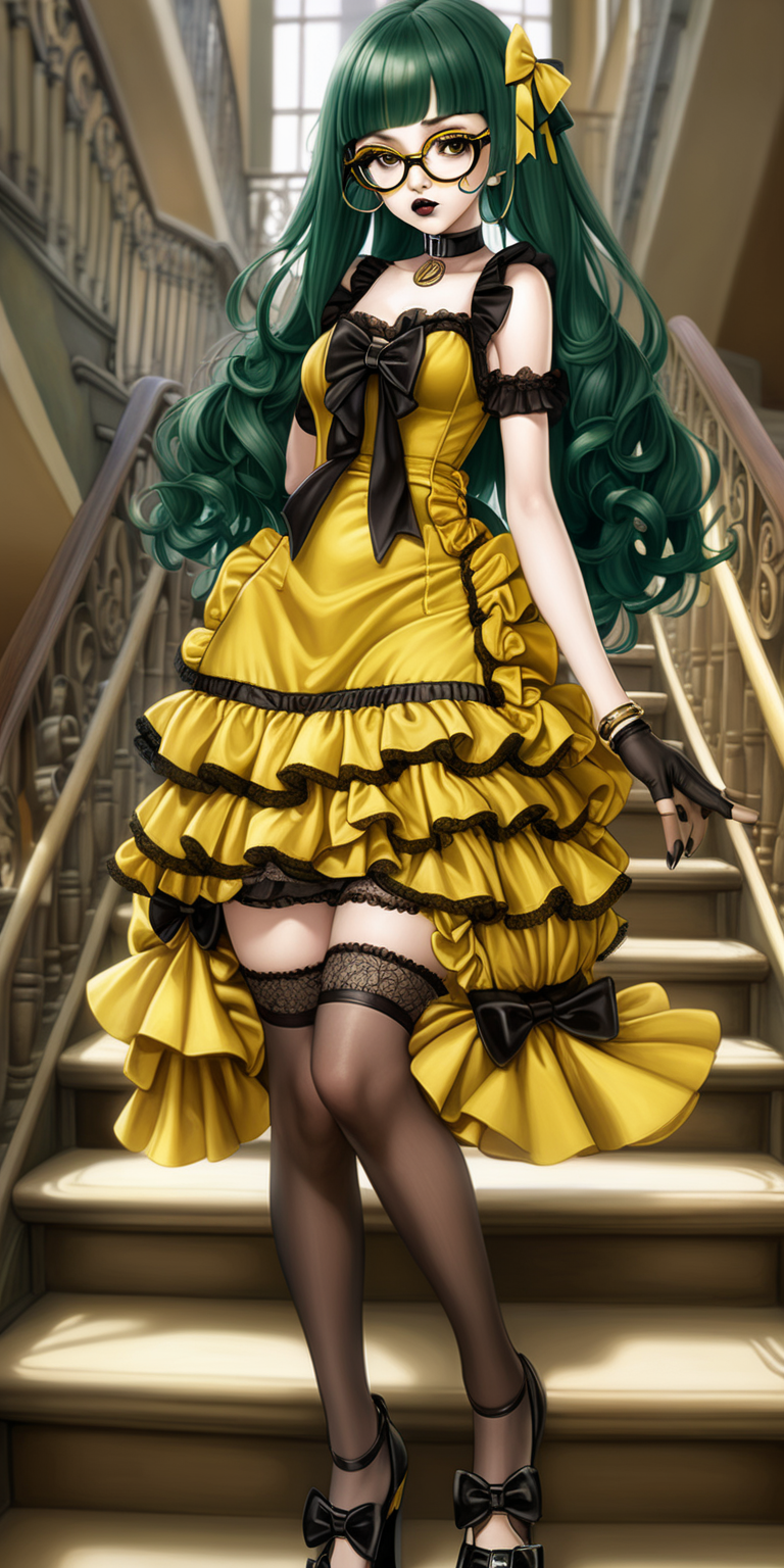 Anime woman with dark green hair and large lips with glossy dark brown lipstick and heavy makeup wearing an extravagant and frilly yellow dress, black stockings, yellow heeled mary jane shoes, lots of bows and lace, wearing glasses. Walking down a stairway. Vacant expression