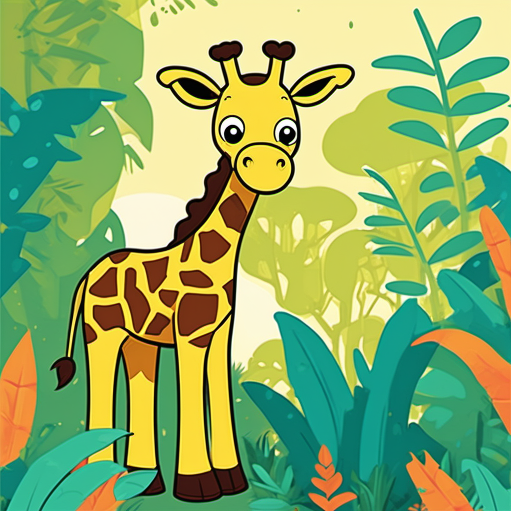 /imagine kids illustration, Giraffe rex in a jungle, cartoon style, Thick Lines, low details, vivid color --ar 9:11