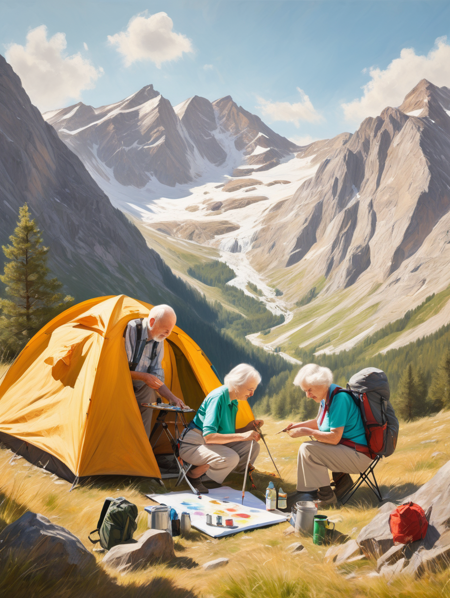 an elderly Caucasian husband and wife, doing an oil painting in an mountainous environment, sunny day, with campsite and tent in background, there is a backpack beside them