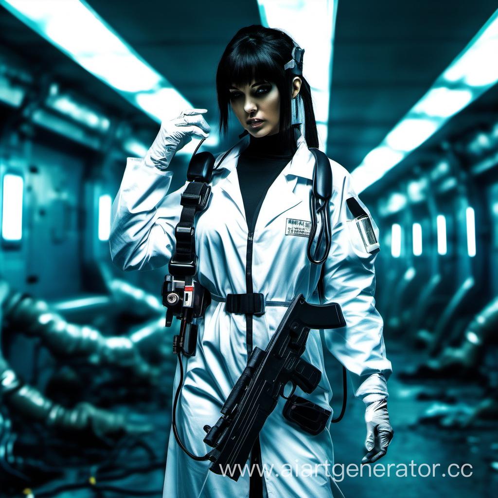 Cyberpunk setting, girl, black hair, underground, medic girl, black costume, cyberpunk syringe in hand, cyberpunk medical equipment in hand, cyberpunk style visor, white medical gown on top of clothes, white tactical gloves 