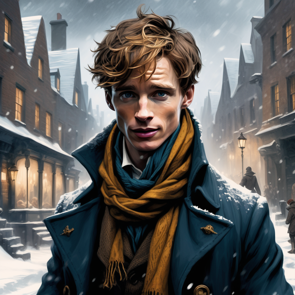 Create a dark fantasy art illustration,  frank frazetta style, of Eddie Redmayne as Newt Scamander, wearing a scarf, in snowy town. Close up.
