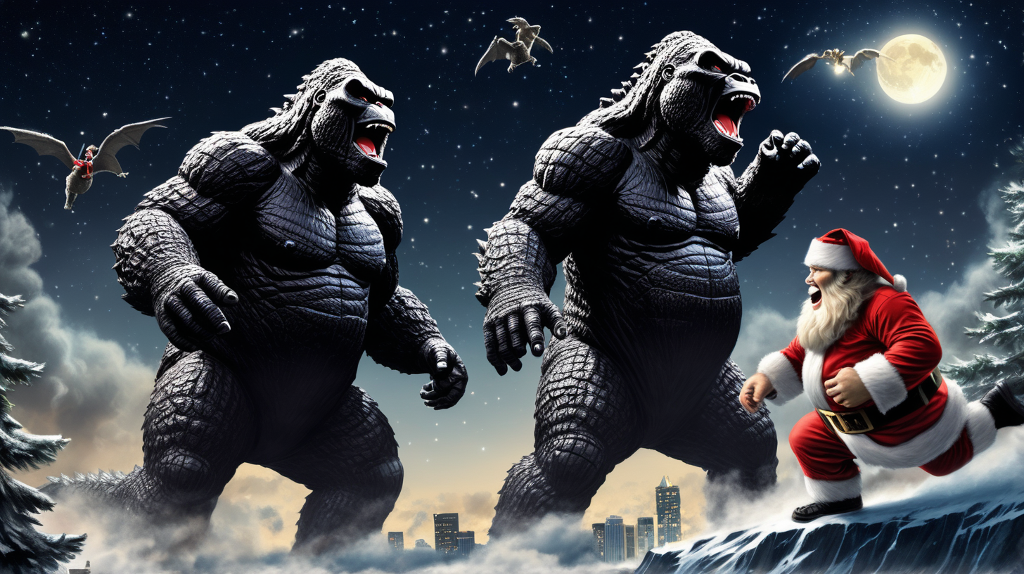 Godzilla and King Kong chasing Santa in the night sky