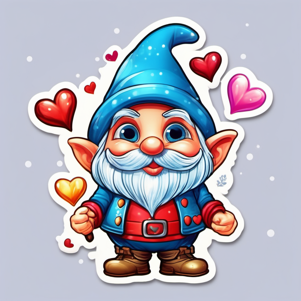 super Adorable Scandinavian gnome  Nordic, very festive bright colors,cartoon
sticker valentine hearts,  character full body, so cute, excited, big bright eyes, shiny
fairytale, energetic, playful, incredibly high detail, 16k, octane rendering, gorgeous, ultra wide angle.