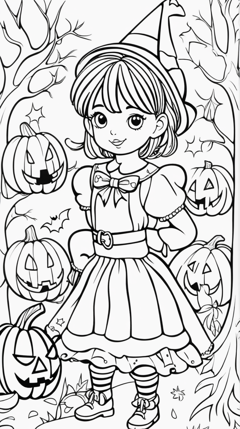 Cover of a children's coloring book: A little girl at a Halloween party, in all colors