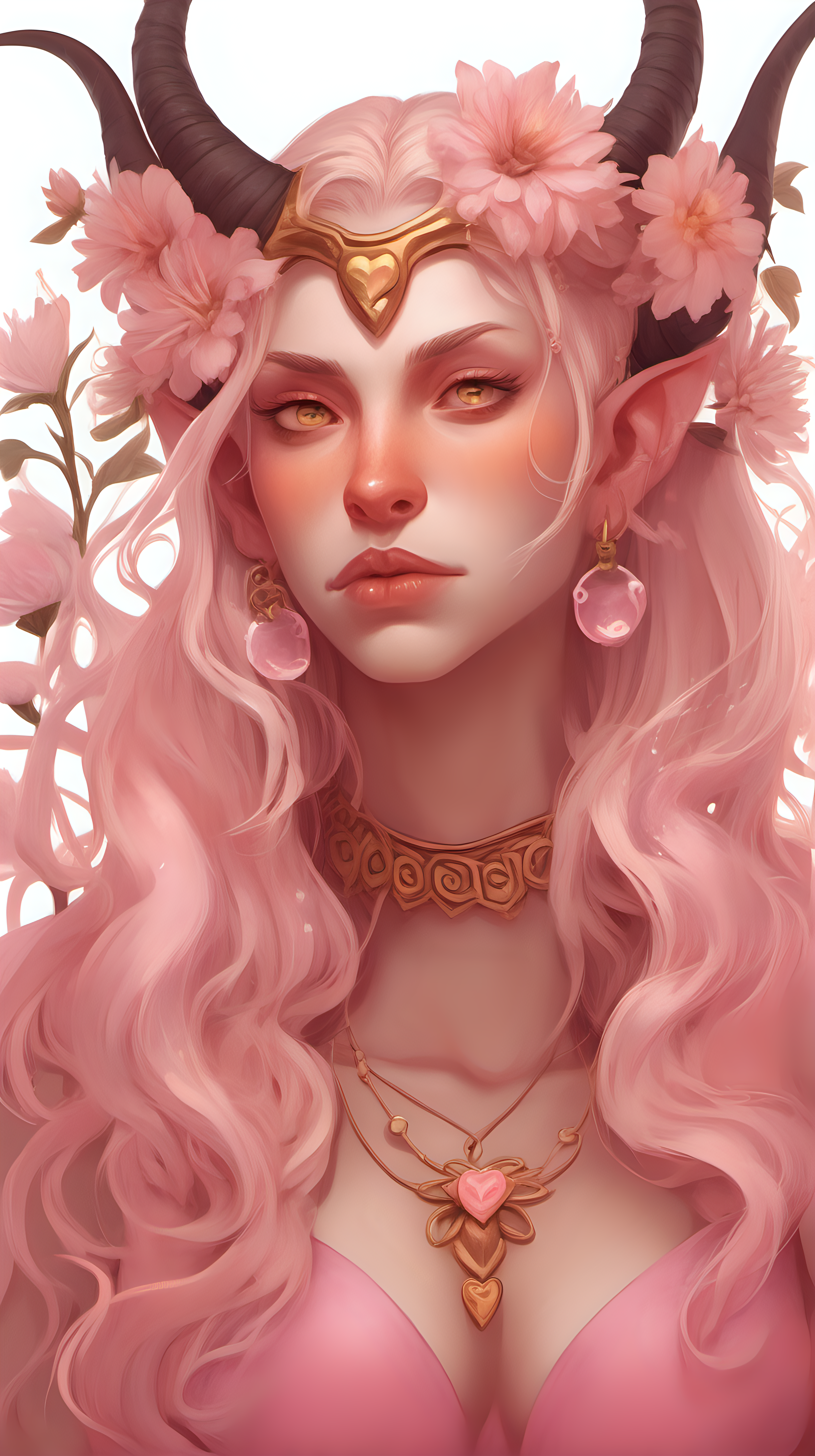 Tiefling woman with pink skin She has white