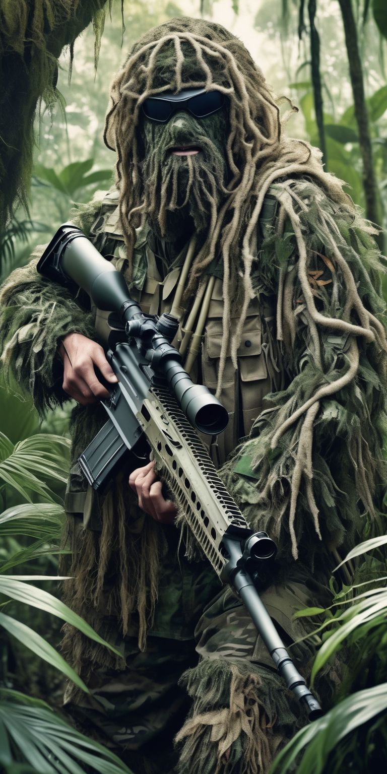 realistic man in a big ghillie suit in a jungle with a big sniper