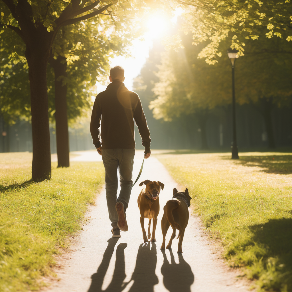 Man taking a walk in the sun walking his dog 