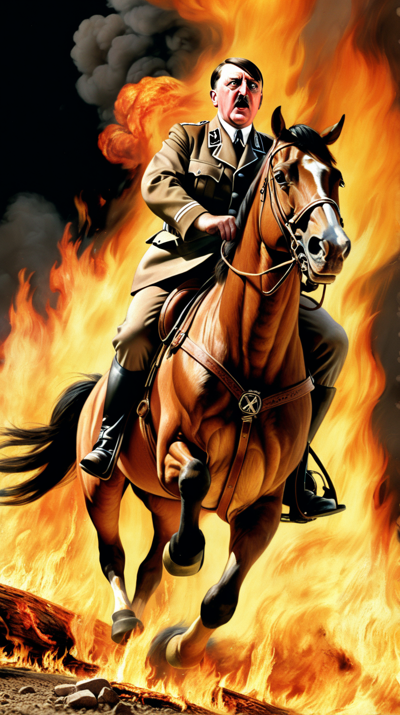 adolf hitler aggressive on horseback surrounded by fire and belly on the ground
