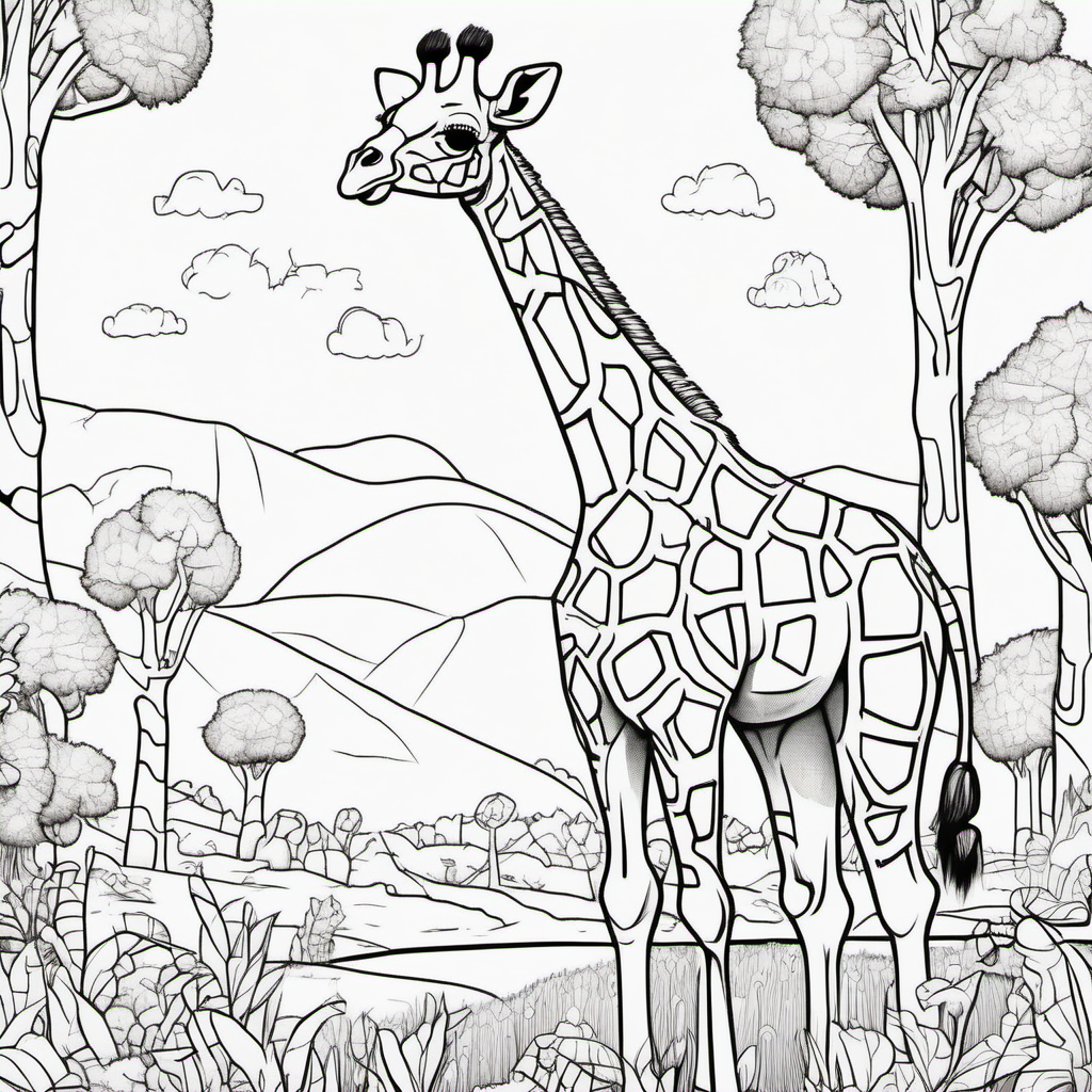 /imagine colouring page for kids, Giraffe Candyland Delight, thick lines, low details, no shading --ar 9:11