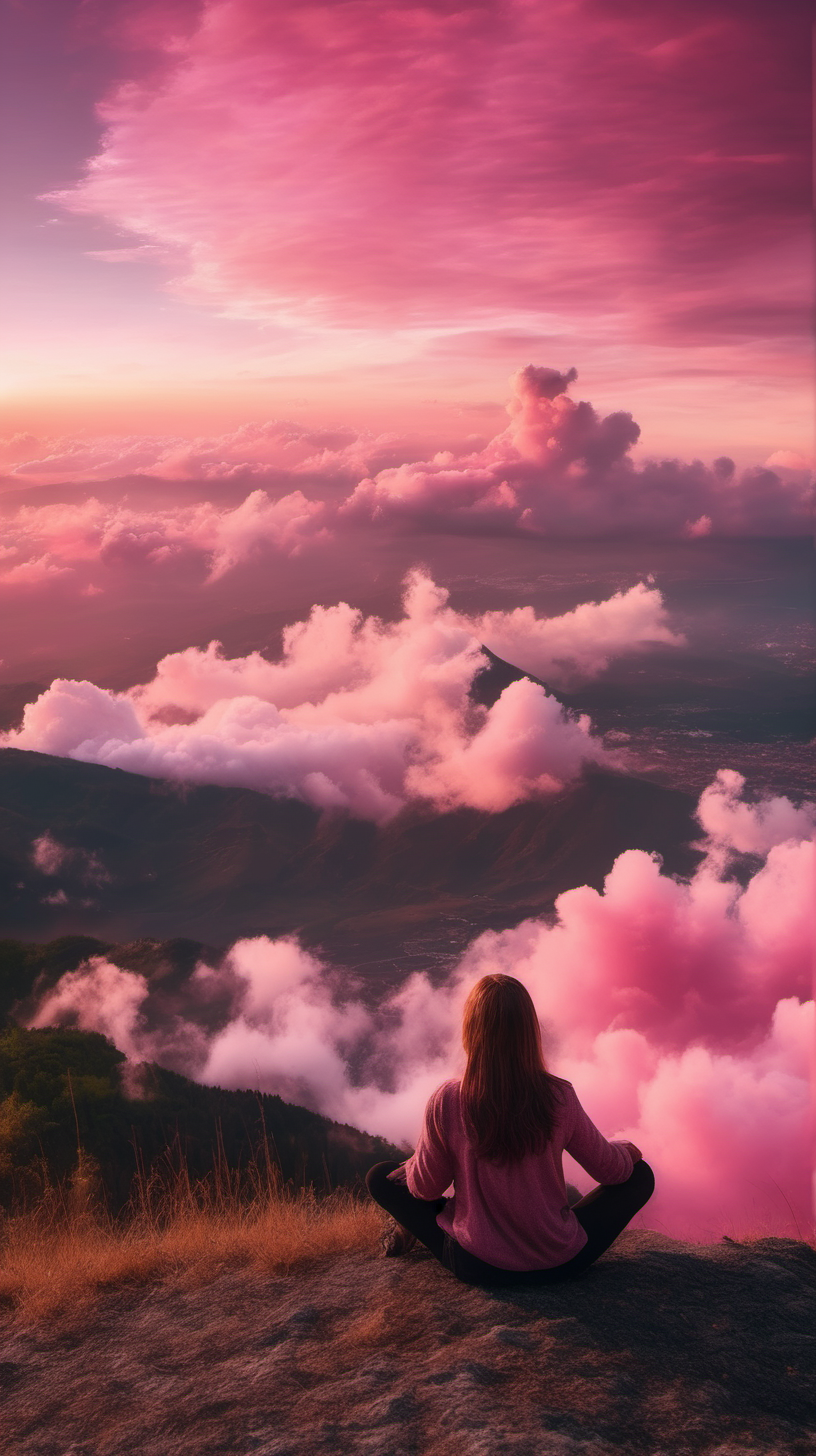 A Woman Sitting on a Mountain Hill, Looking at the Beauty of Pink Clouds, At Sunset. Very beautiful