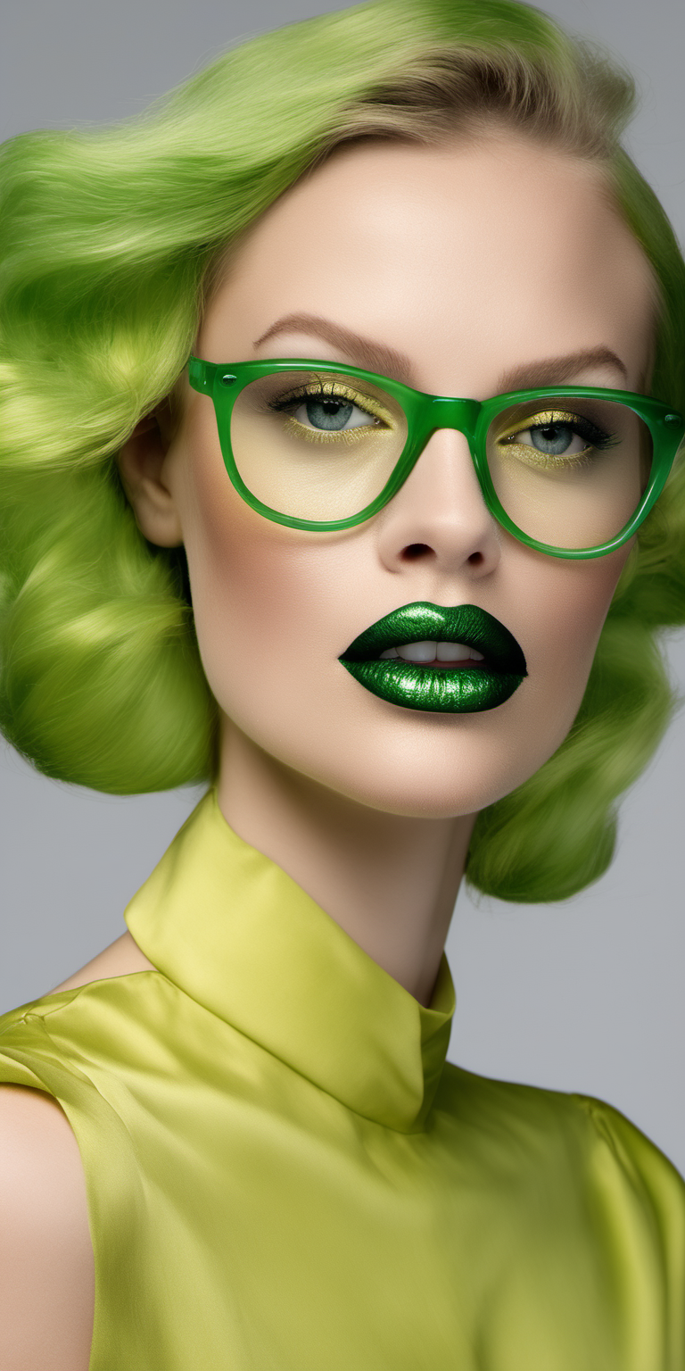 Woman, bimbo, with green hair and large lips and heavy makeup wearing a shiny and frilly yellow dress and wearing glasses